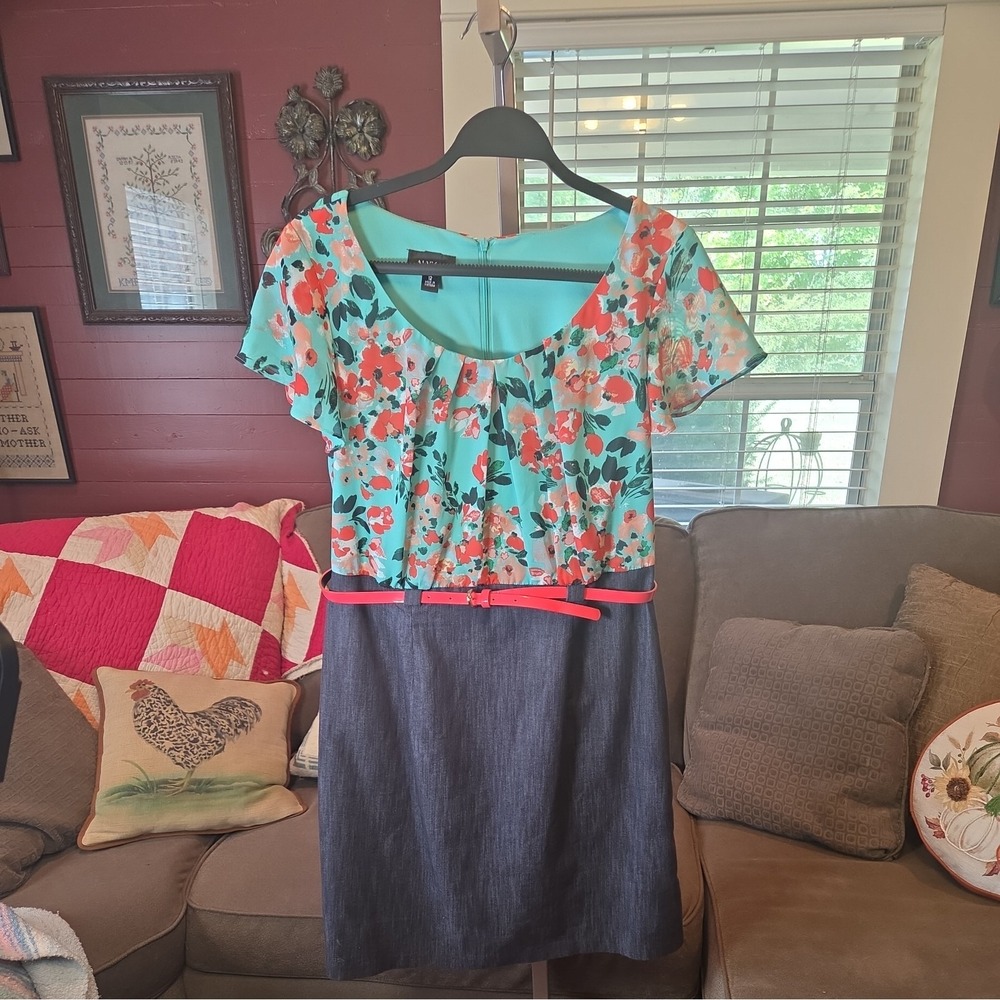 ALYX Dress Turqoise Floral/Denim Ruffle Cap Sleeve w/ Empire Waist & Belt Sz 12